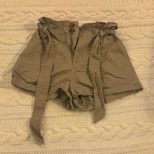 Forever 21 High-Waist Paperbag Belted Shorts in Khaki